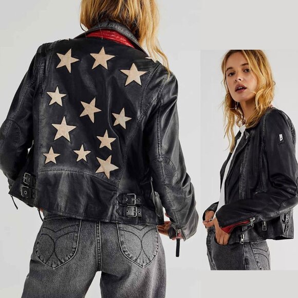 Mauritius Christy Rf Star Detail Leather Jacket, Vintage Black - NEW - Picture 14 of 15